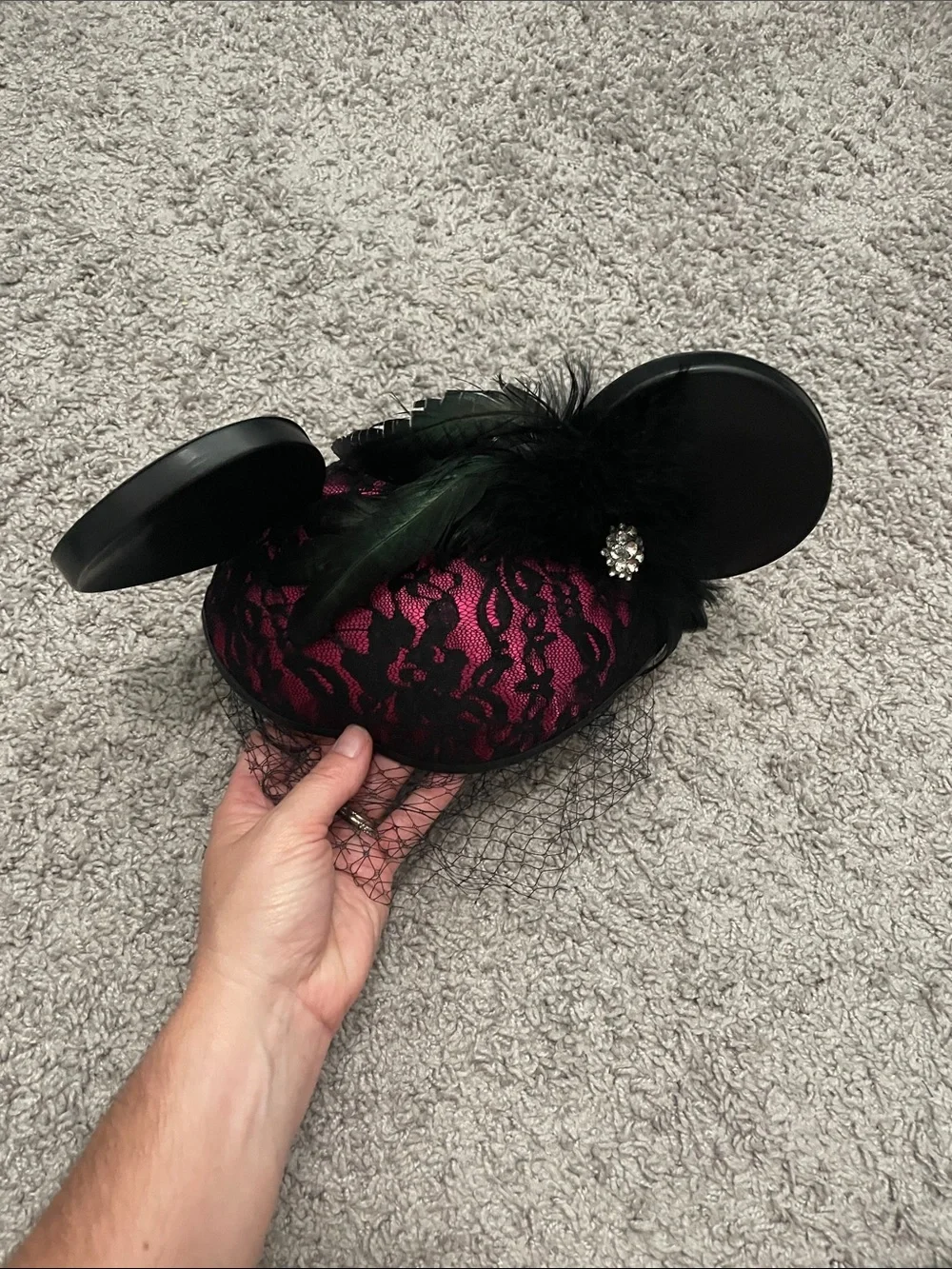 Disney Mickey Ears Black Lace and Fuchsia Feathered Fascinator Hat